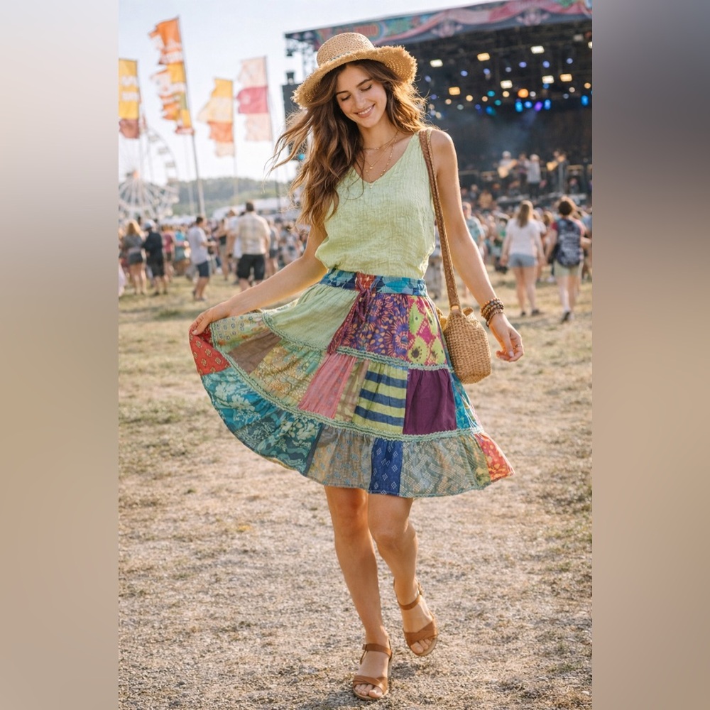 Patchwork Boho Midi Skirt Elastic Waist Festival Cottagecore Artisan OSFM